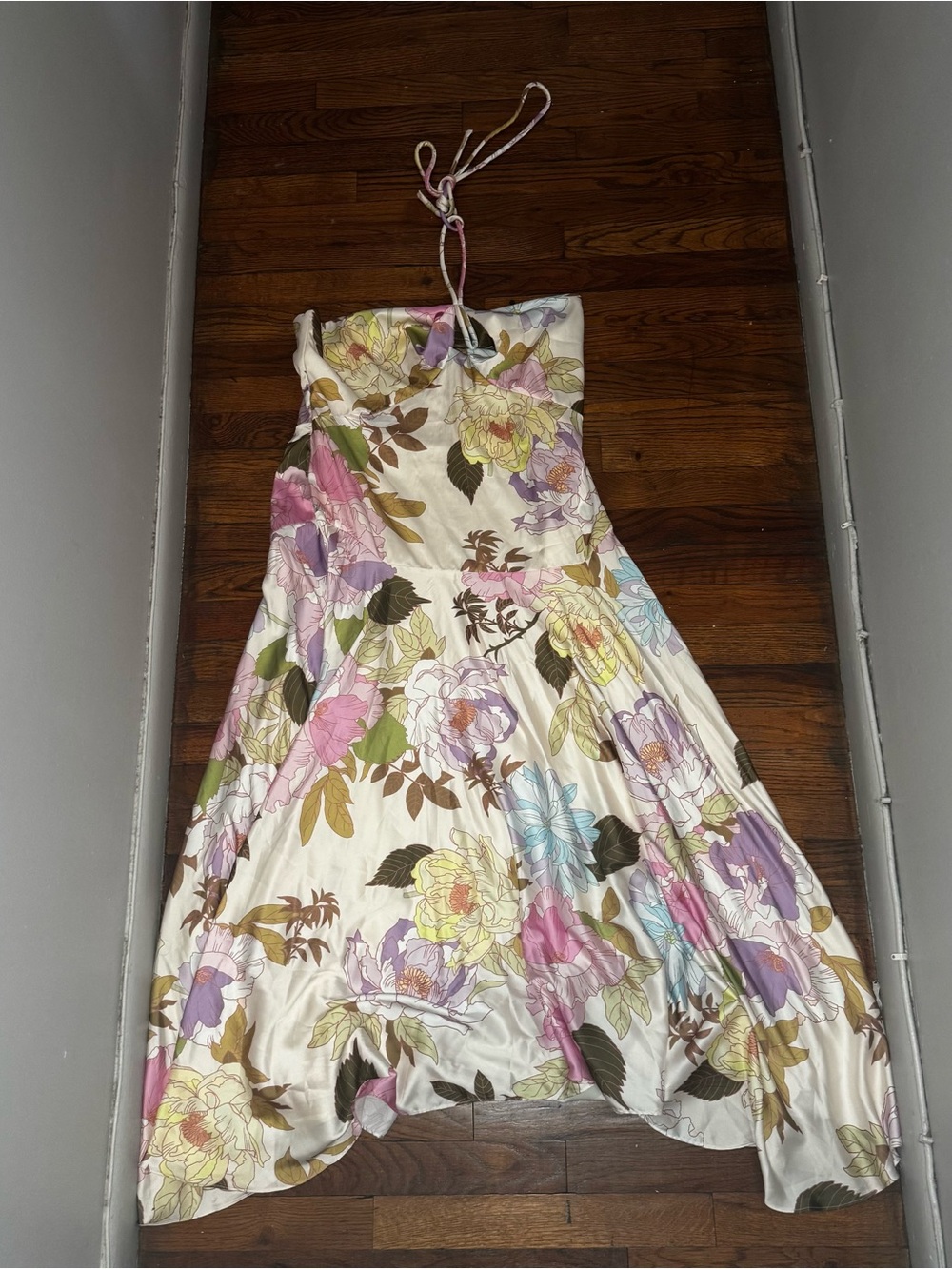 Floral Halter Midi Dress in Cream with Pastel Blooms Size 16